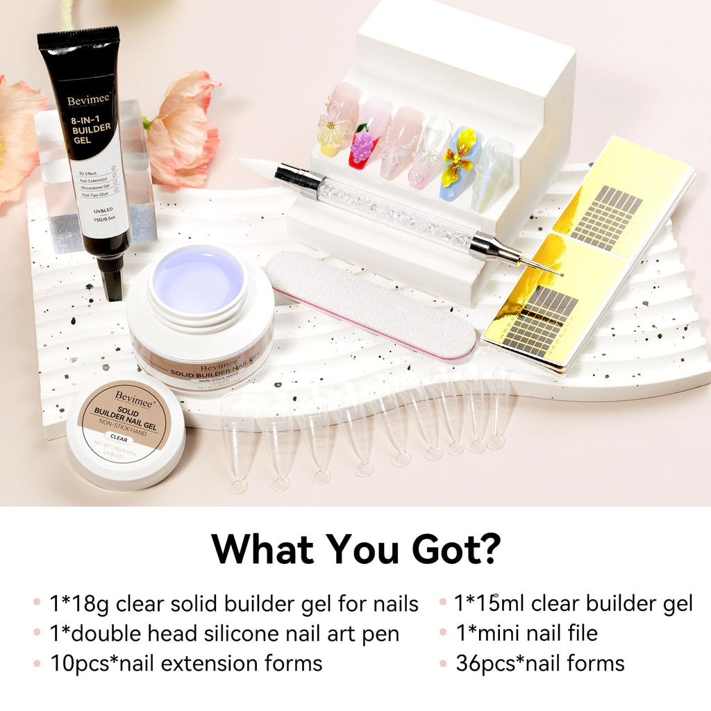 Bevimee Solid Builder Gel Kit – 18g + 15ml, 8-in-1 Clear Gel for 3D Nail Sculpting