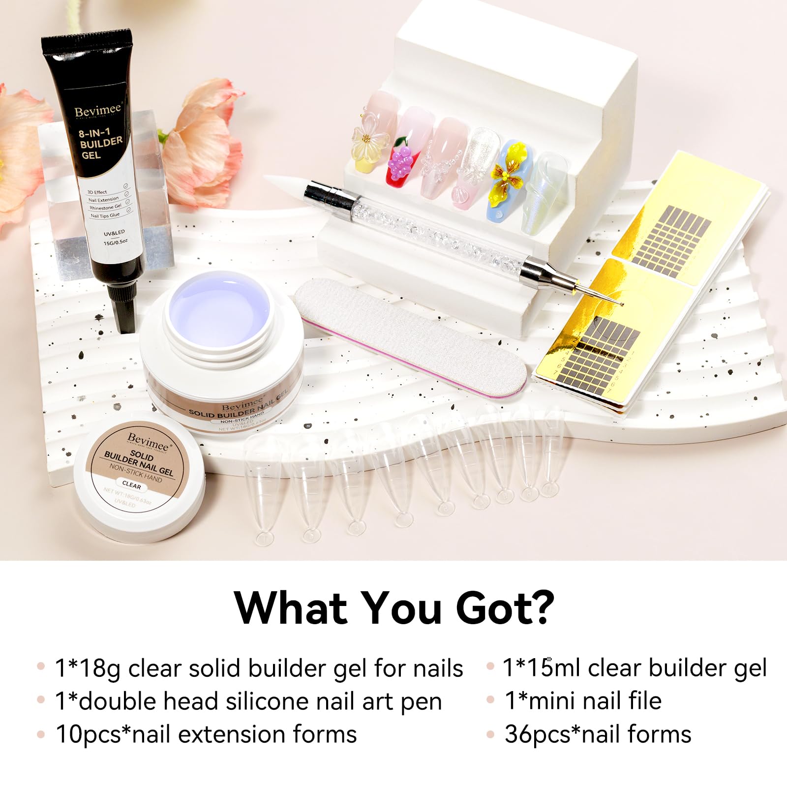 Bevimee Solid Builder Gel Kit – 18g + 15ml, 8-in-1 Clear Gel for 3D Nail Sculpting