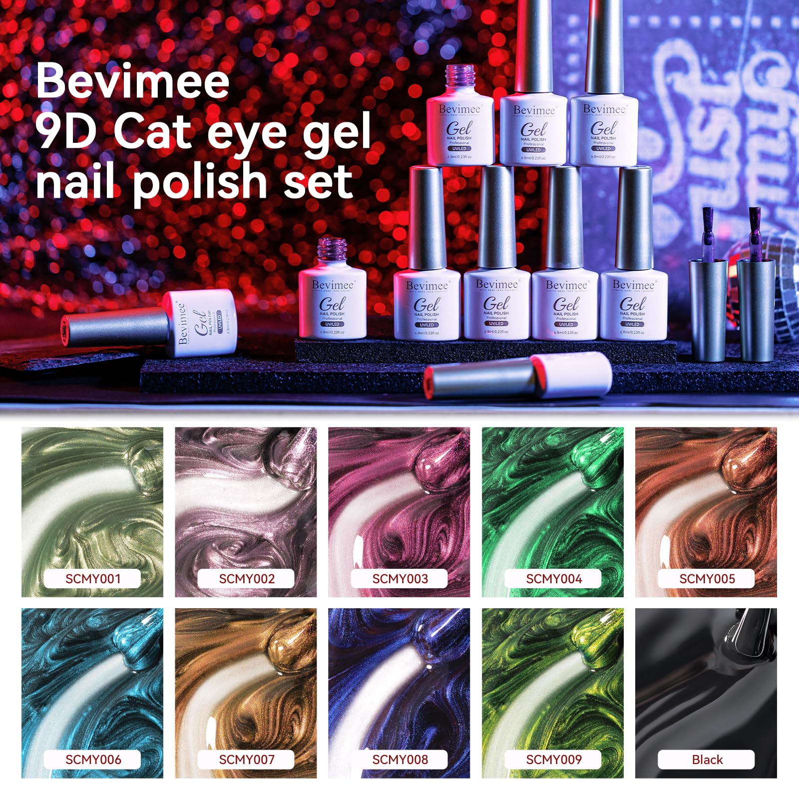 Bevimee 10 Colors 9D Cat Eye Gel Nail Polish Kit with Magnet Stick | Galaxy & Chameleon Nail Art