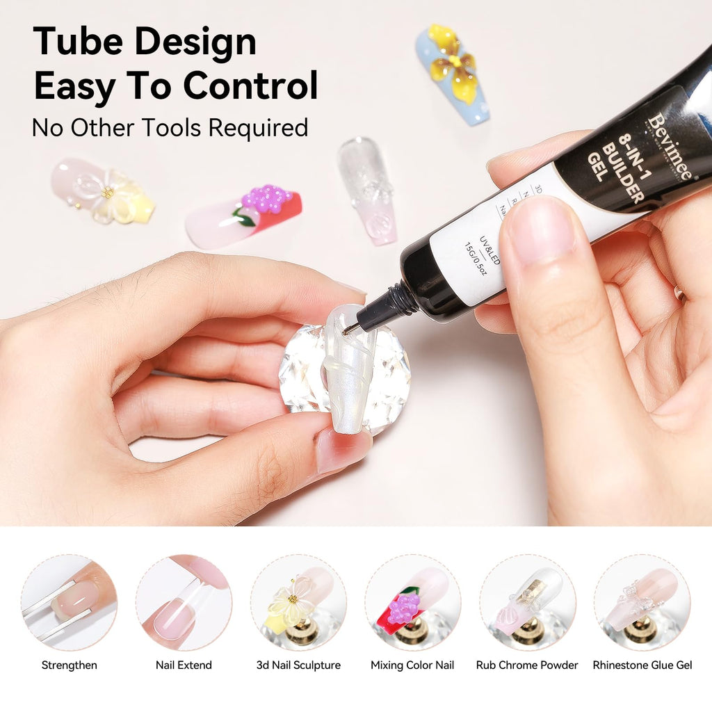 Bevimee Solid Builder Gel Kit – 18g + 15ml, 8-in-1 Clear Gel for 3D Nail Sculpting