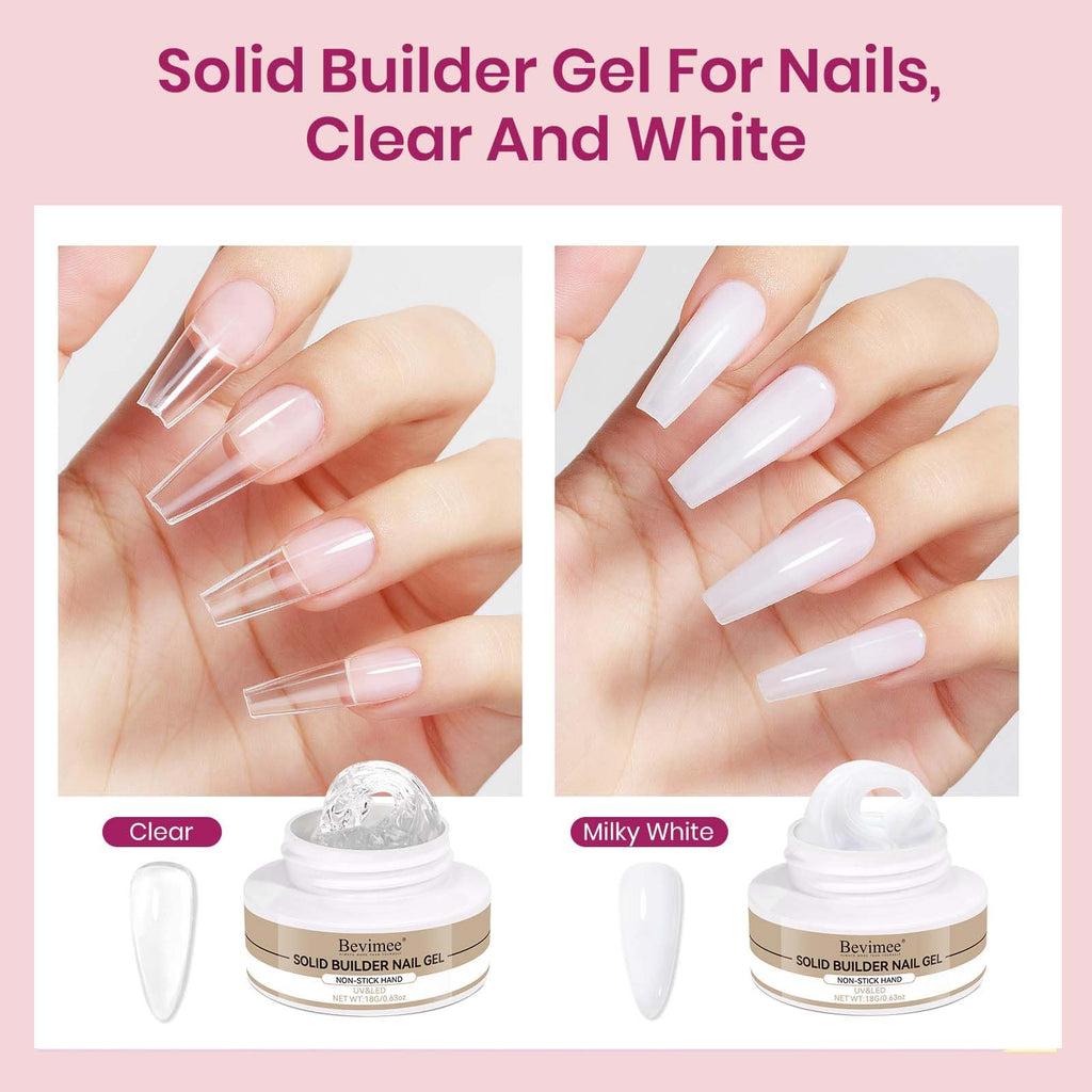 Bevimee Solid Builder Gel for Nails – 2-Pack Clear & White, 18g Each | 3D Nail Sculpting Kit