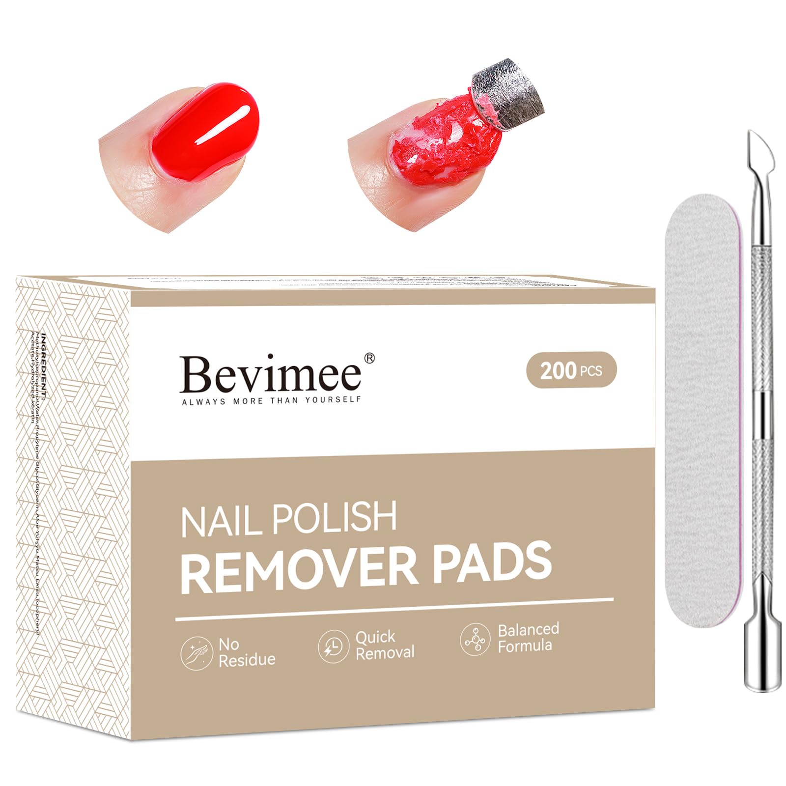 Bevimee Nail Polish Remover Pads – 200 Pack Acetone Gel Polish Wipes with Nail File & Cuticle Pusher
