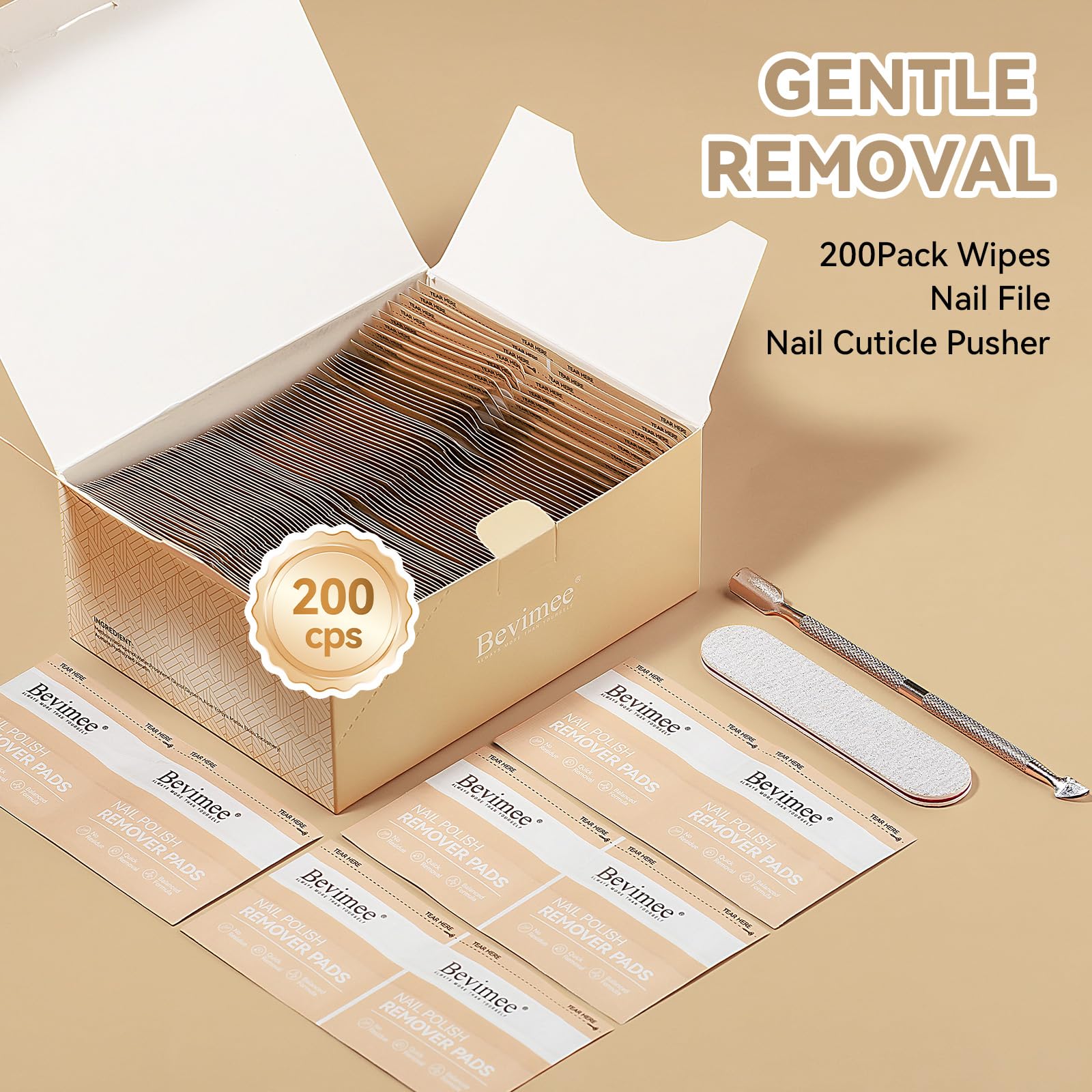 Bevimee Nail Polish Remover Pads – 200 Pack Acetone Gel Polish Wipes with Nail File & Cuticle Pusher