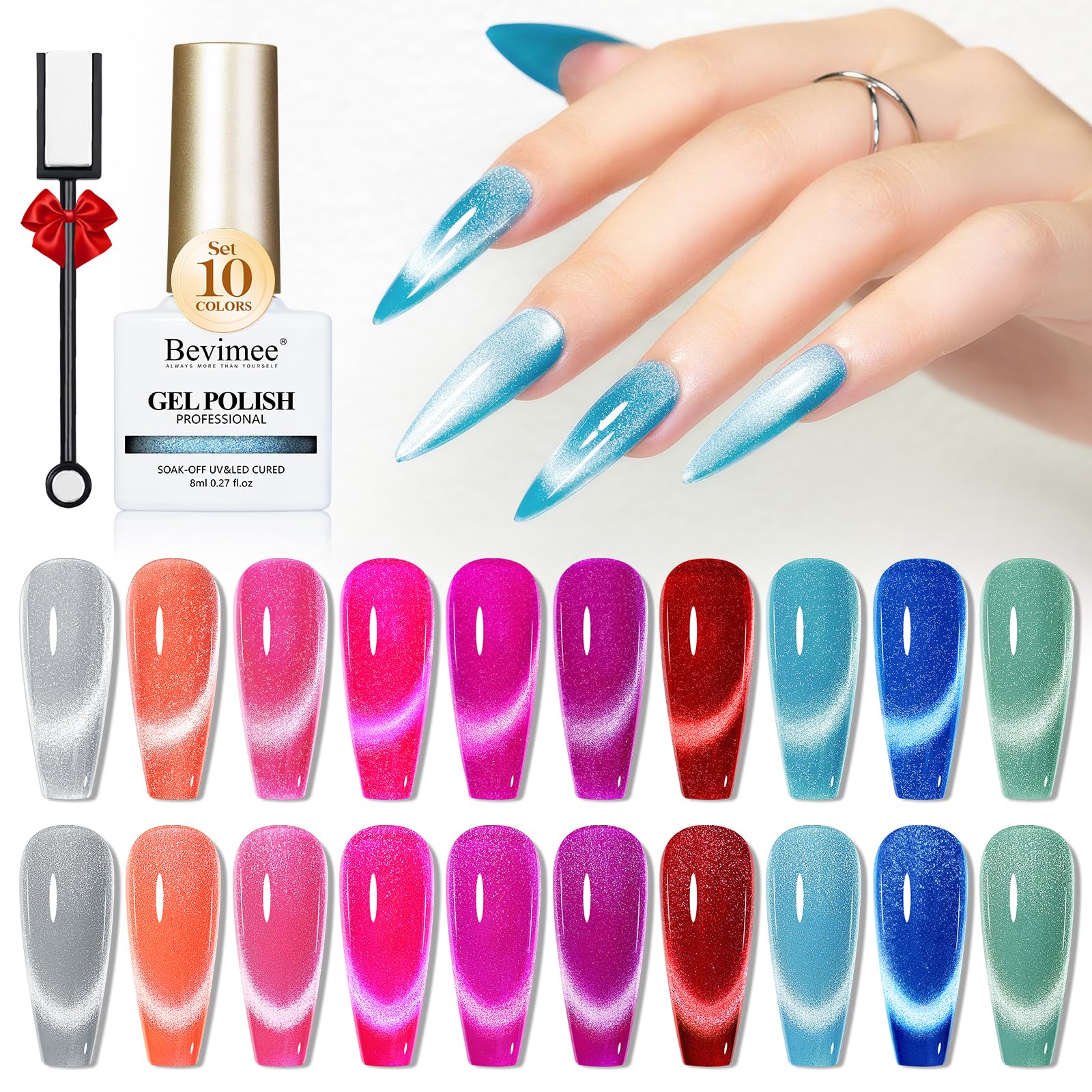 Bevimee Neon Cat Eye Gel Polish Set – 10 Magnetic 9D Colors