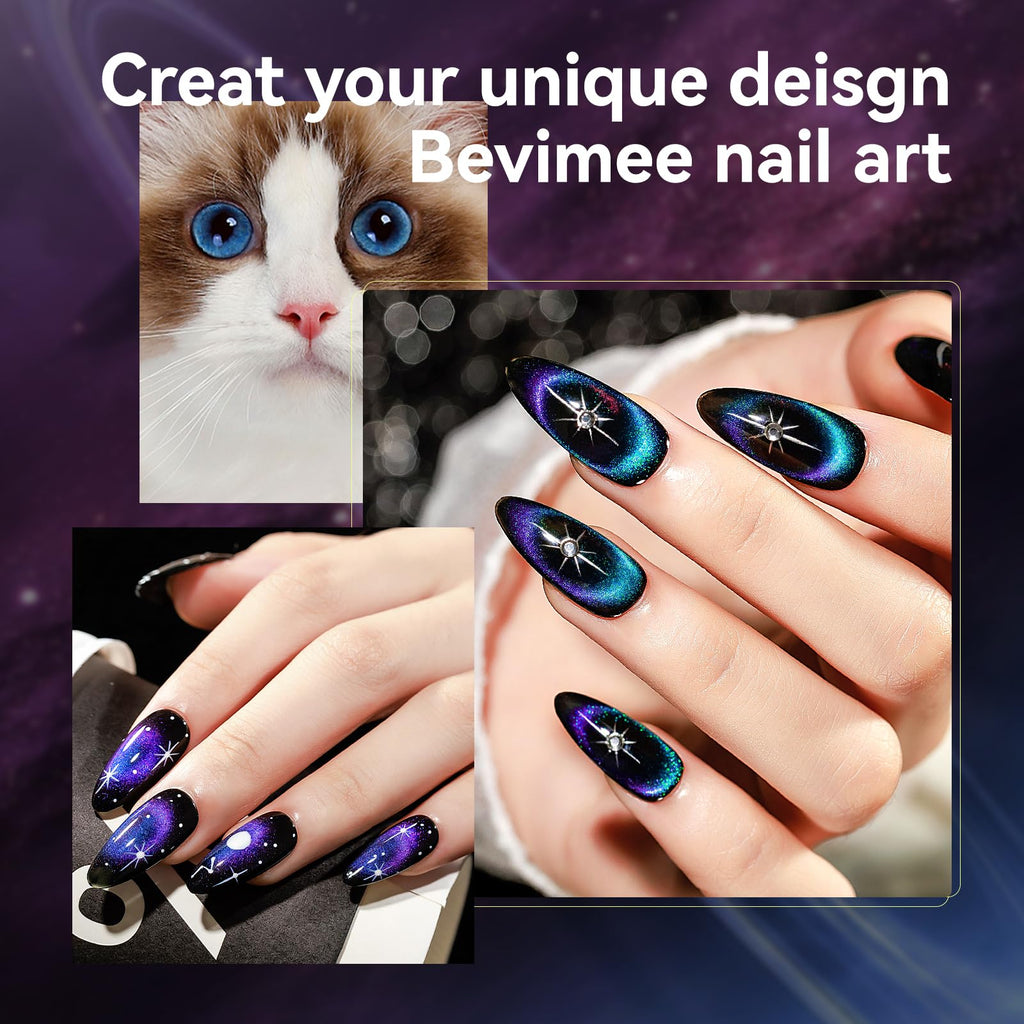 Bevimee 10 Colors 9D Cat Eye Gel Nail Polish Kit with Magnet Stick | Galaxy & Chameleon Nail Art