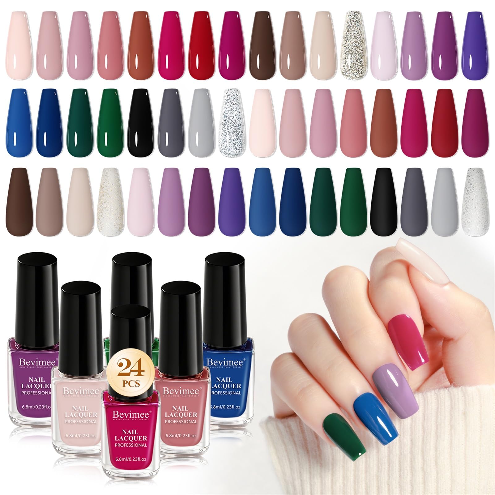 Bevimee Quick Dry Nail Polish Set – 24 Colors, Long-Lasting, Non-Gel Formula
