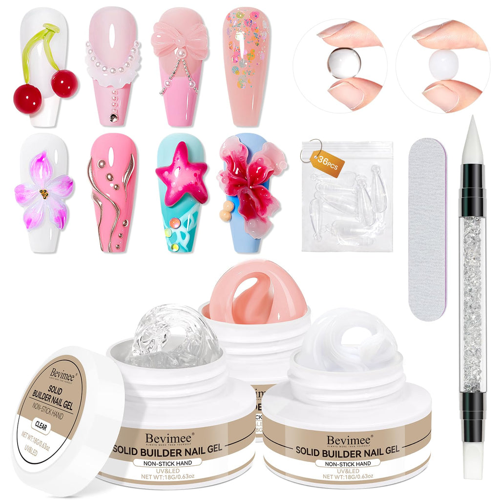 Bevimee Solid Builder Gel Kit – 3 Colors for 3D Nail Art, Non-Stick, 18g x3
