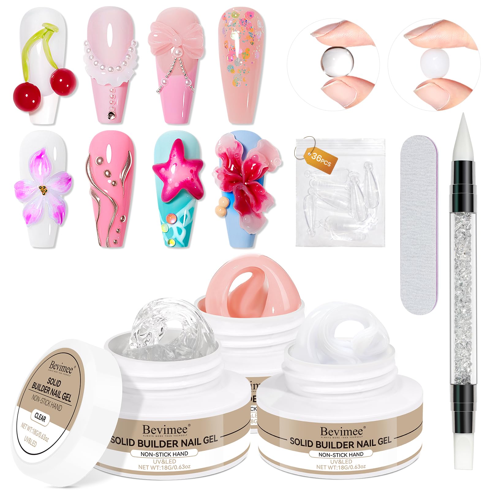 Bevimee Solid Builder Gel Kit – 3 Colors for 3D Nail Art, Non-Stick, 18g x3