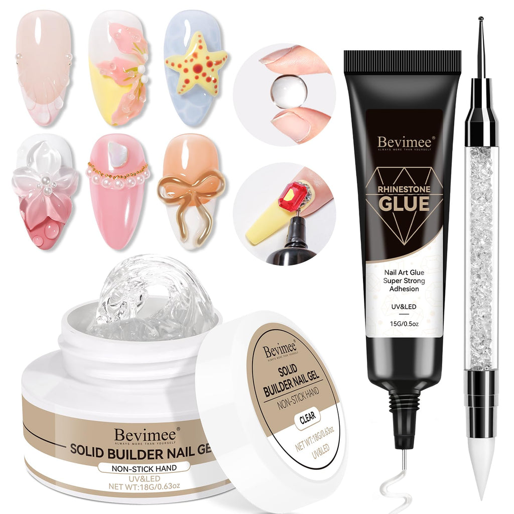 Bevimee Solid Builder Gel & Rhinestones Glue – 18g Gel, 15g Glue for Nail Art at Home
