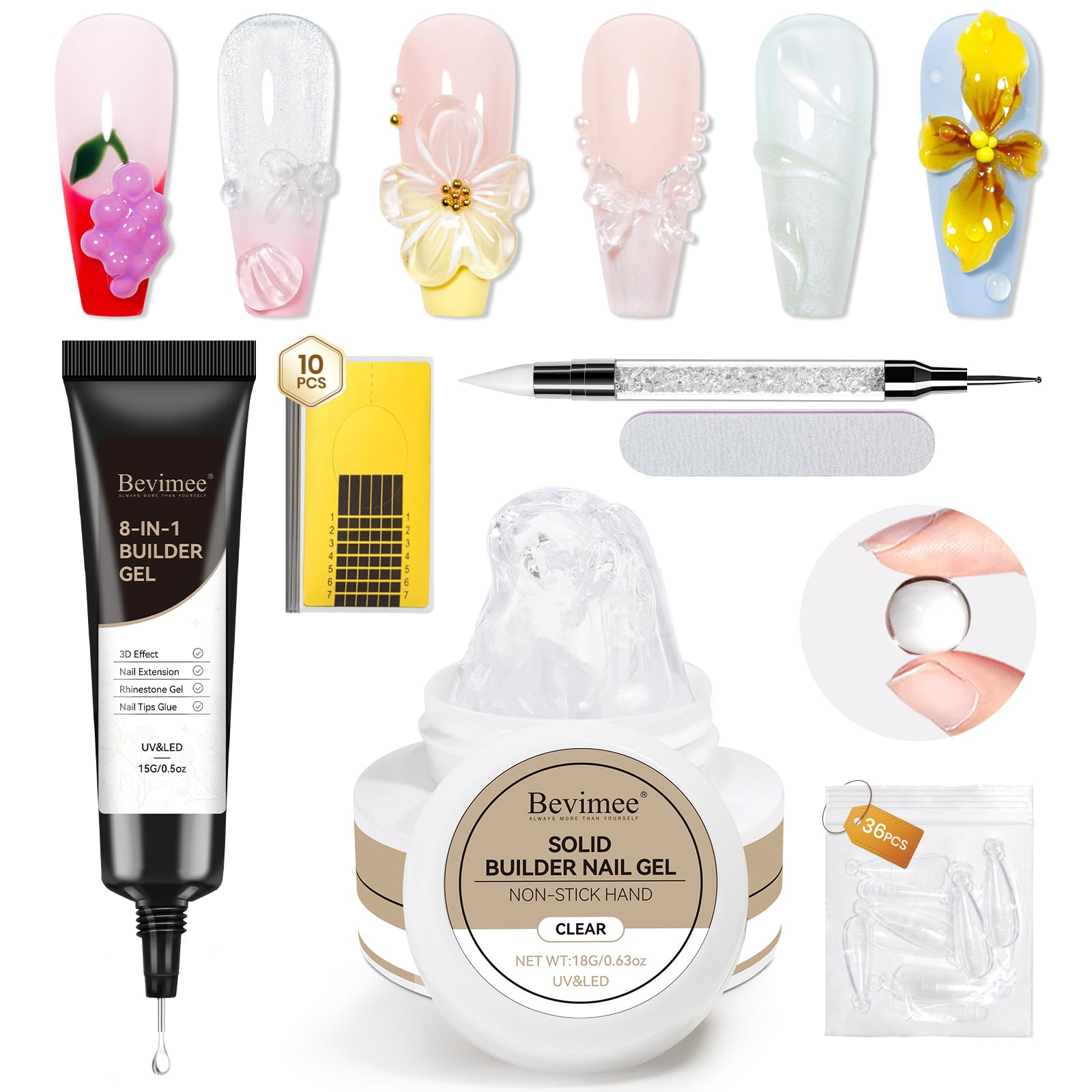 Bevimee Solid Builder Gel Kit – 18g + 15ml, 8-in-1 Clear Gel for 3D Nail Sculpting