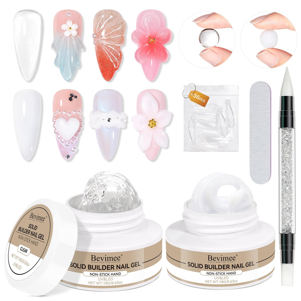 Bevimee Solid Builder Gel for Nails – 2-Pack Clear & White, 18g Each | 3D Nail Sculpting Kit