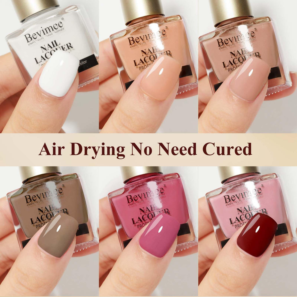 Bevimee Vegan Nail Polish Set – Air Quick Dry, 6 Colors (Milky White, Nude, Brown)