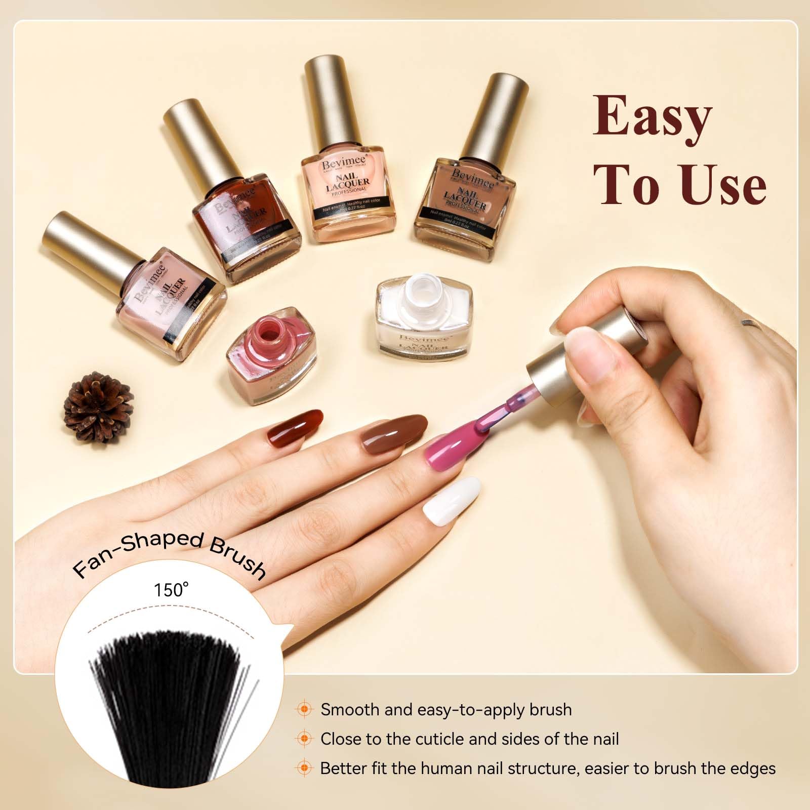 Bevimee Vegan Nail Polish Set – Air Quick Dry, 6 Colors (Milky White, Nude, Brown)
