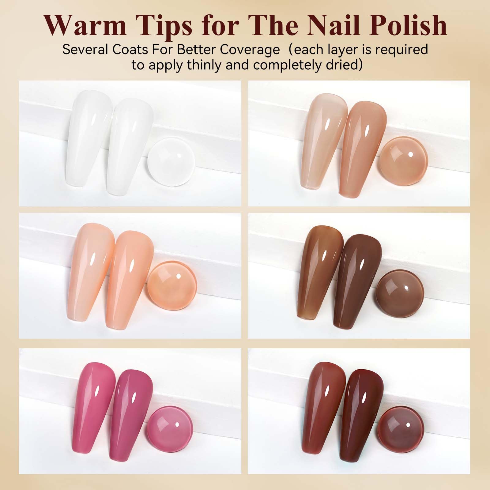 Bevimee Vegan Nail Polish Set – Air Quick Dry, 6 Colors (Milky White, Nude, Brown)