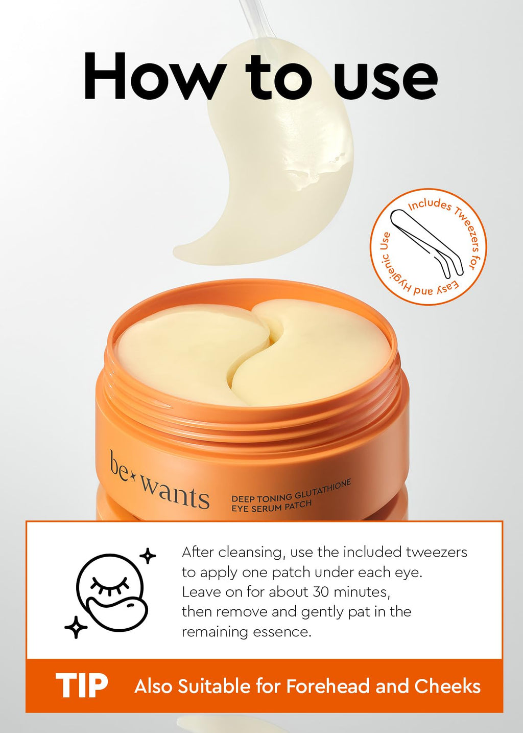 BE+WANTS Deep Toning Glutathione Eye Serum Patch – Retinol & Caffeine Undereye Patches (60)