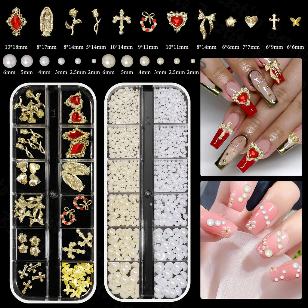 Bezztito 4 Boxes Gold Caviar & Pearl Nail Beads – Luxe Alloy Charms, Chains & Rivets for DIY Nail Art