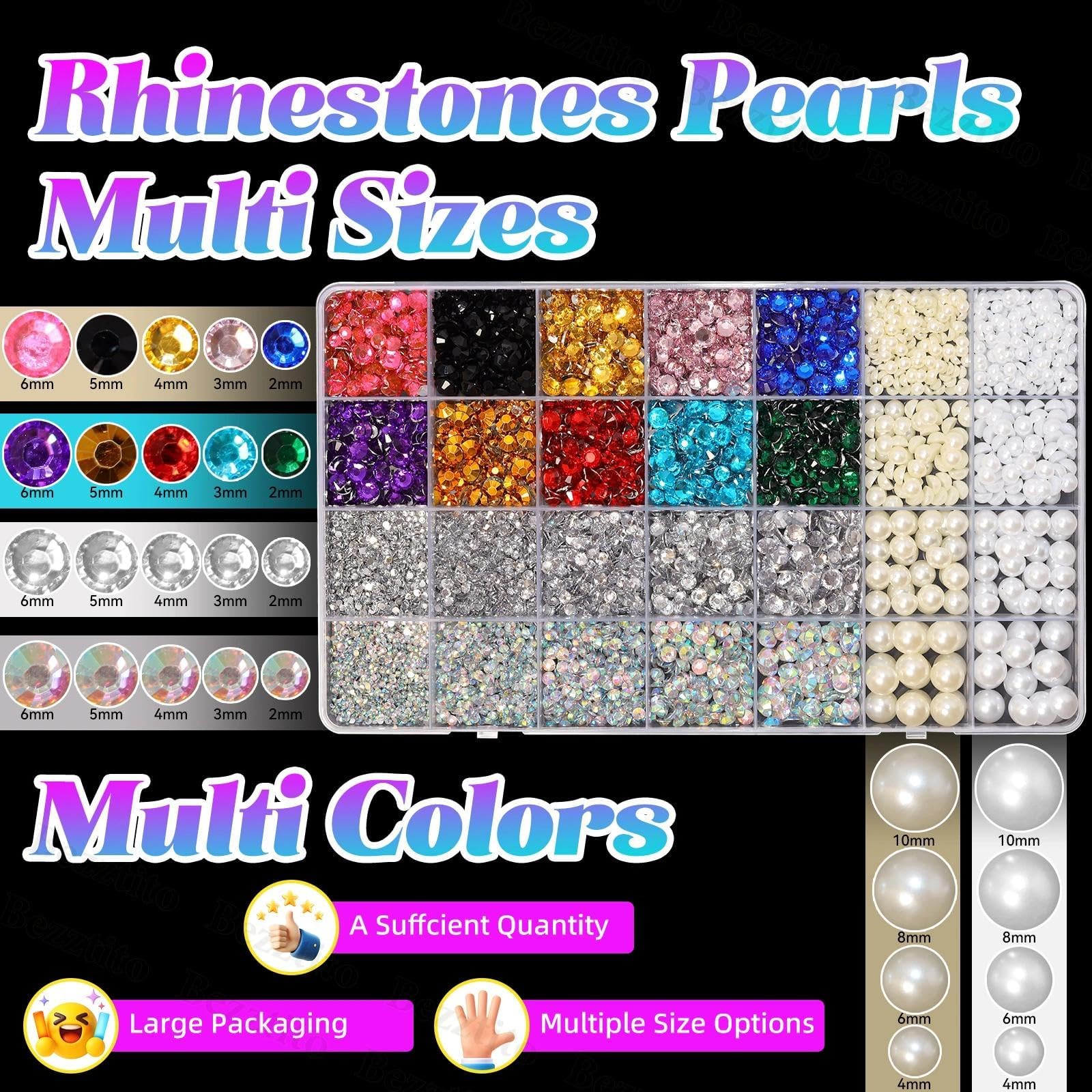 Bezztito 14000Pcs Colorful Flatback Rhinestones & Pearls Bedazzling Kit | 2-6mm Rhinestones, 4-10mm Flatback Pearls for DIY Nail Art & Crafts