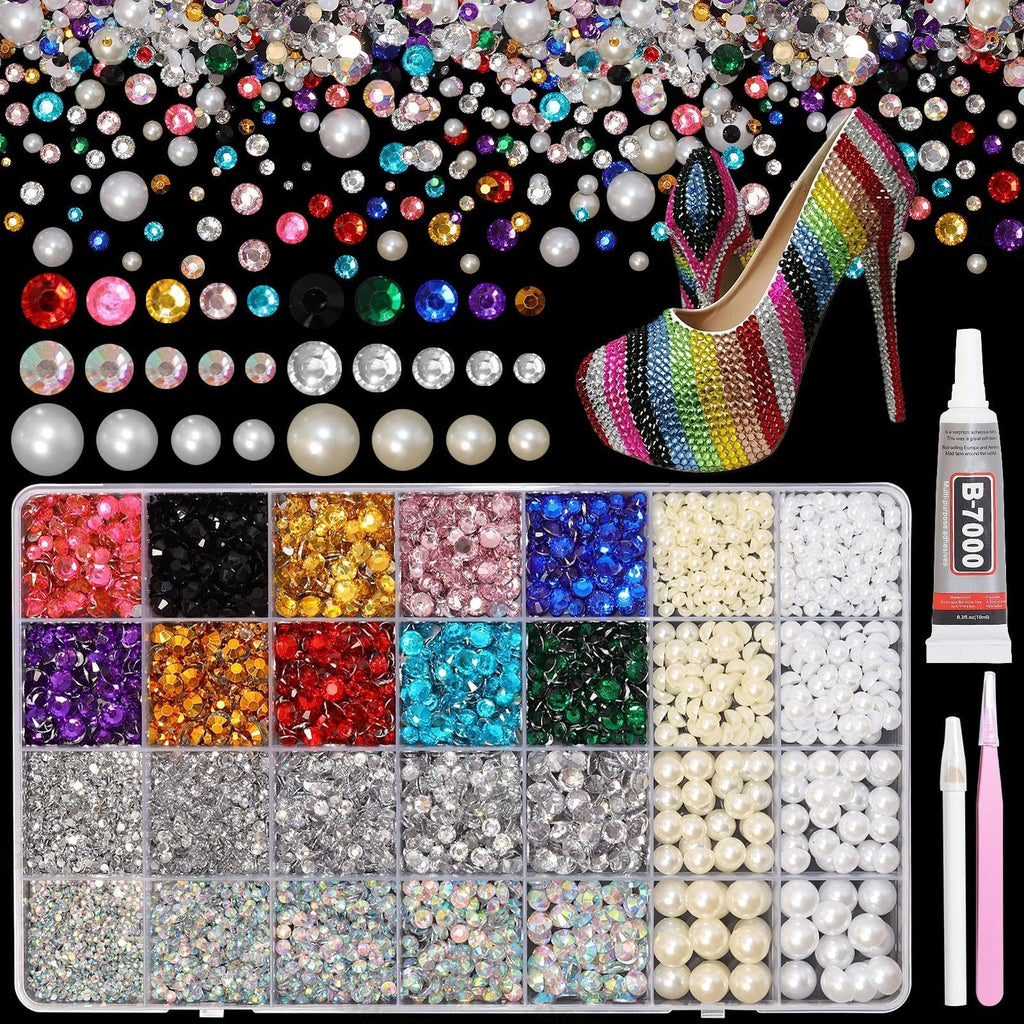 Bezztito 14000Pcs Colorful Flatback Rhinestones & Pearls Bedazzling Kit | 2-6mm Rhinestones, 4-10mm Flatback Pearls for DIY Nail Art & Crafts