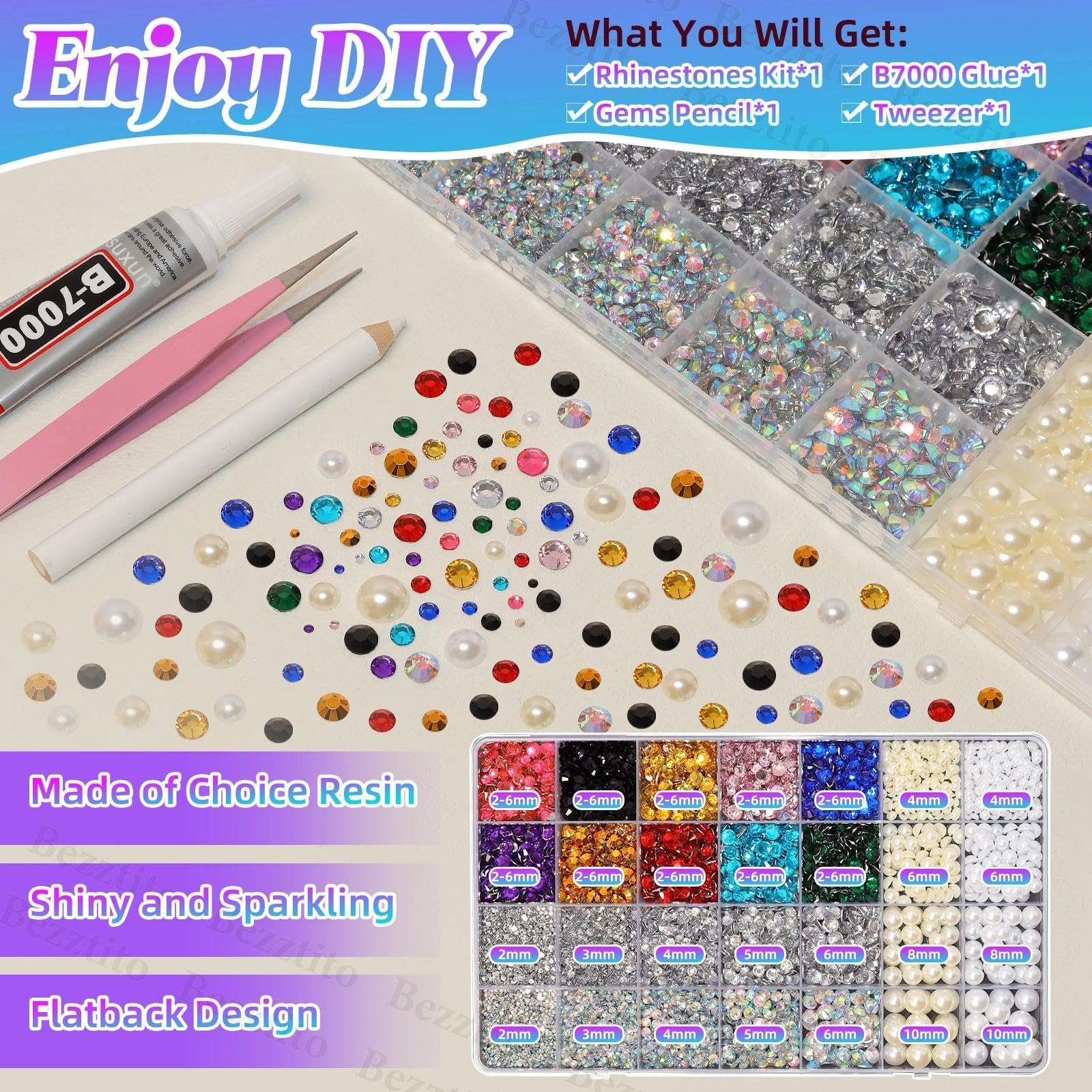 Bezztito 14000Pcs Colorful Flatback Rhinestones & Pearls Bedazzling Kit | 2-6mm Rhinestones, 4-10mm Flatback Pearls for DIY Nail Art & Crafts