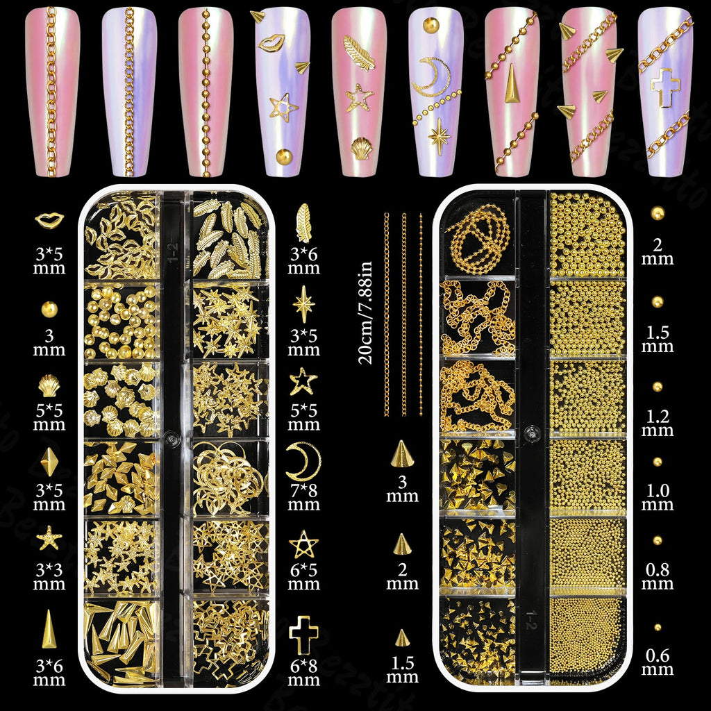 Bezztito 4 Boxes Gold Caviar & Pearl Nail Beads – Luxe Alloy Charms, Chains & Rivets for DIY Nail Art