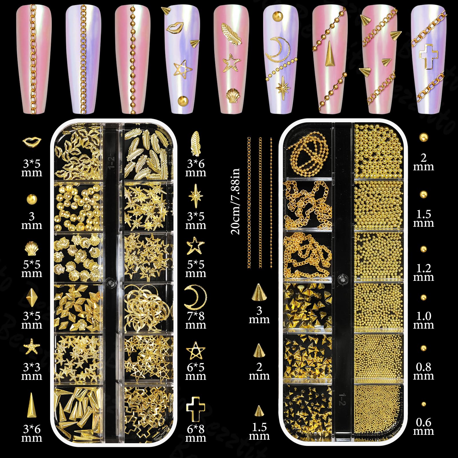 Bezztito 4 Boxes Gold Caviar & Pearl Nail Beads – Luxe Alloy Charms, Chains & Rivets for DIY Nail Art
