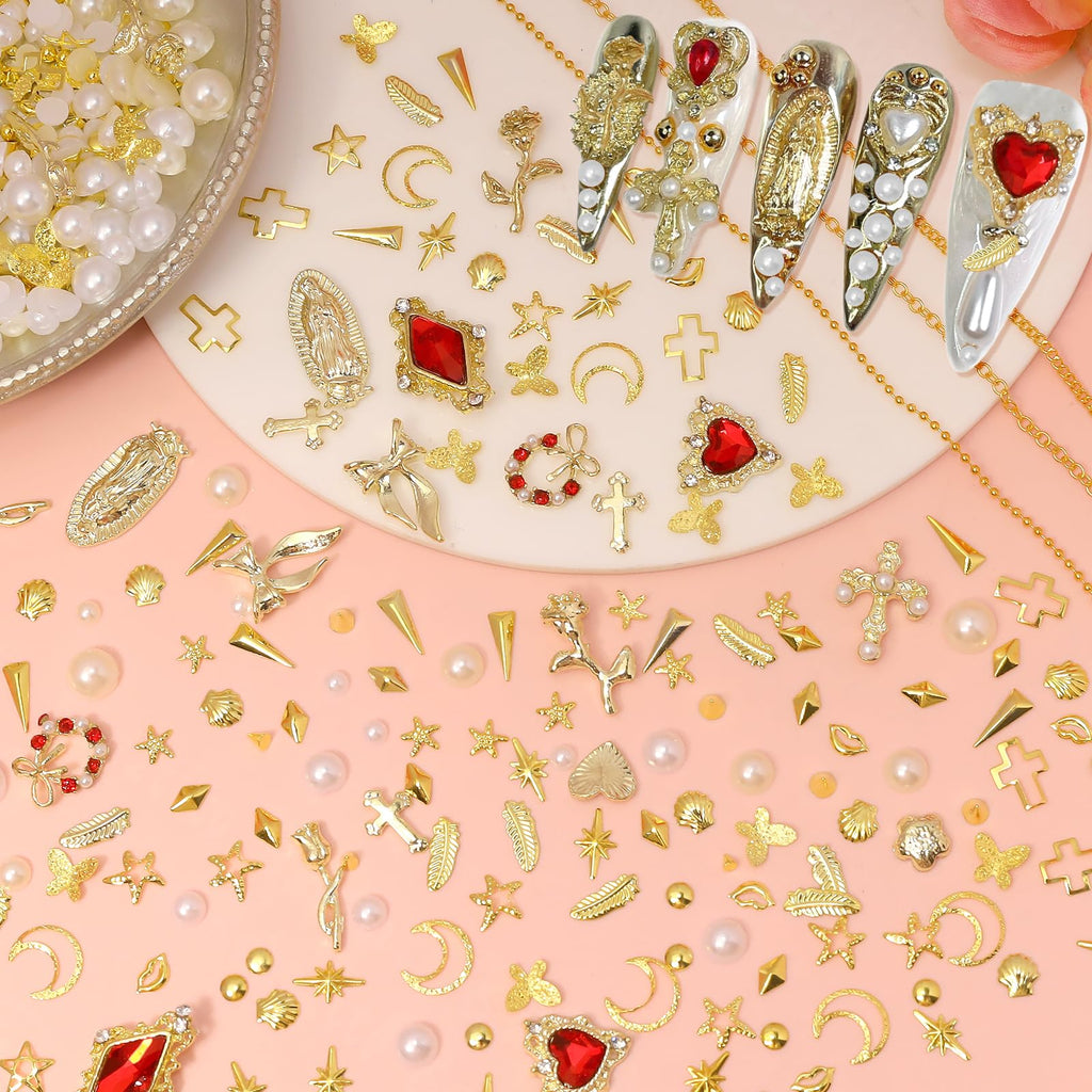 Bezztito 4 Boxes Gold Caviar & Pearl Nail Beads – Luxe Alloy Charms, Chains & Rivets for DIY Nail Art