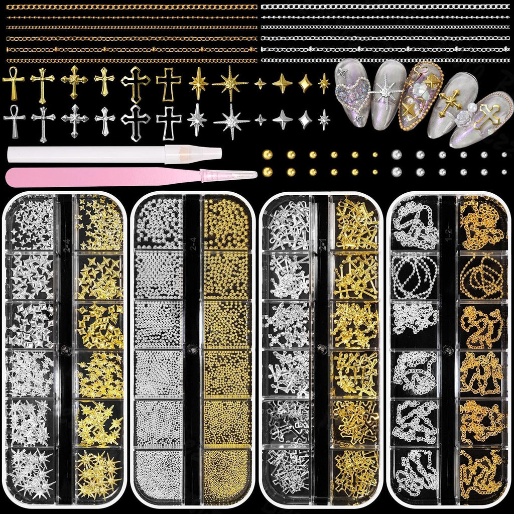 Bezztito Gold Silver Caviar Nail Beads & 3D Starburst Charms Kit