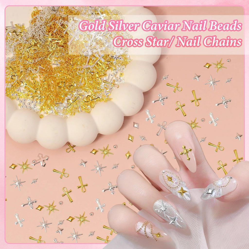 Bezztito Gold Silver Caviar Nail Beads & 3D Starburst Charms Kit