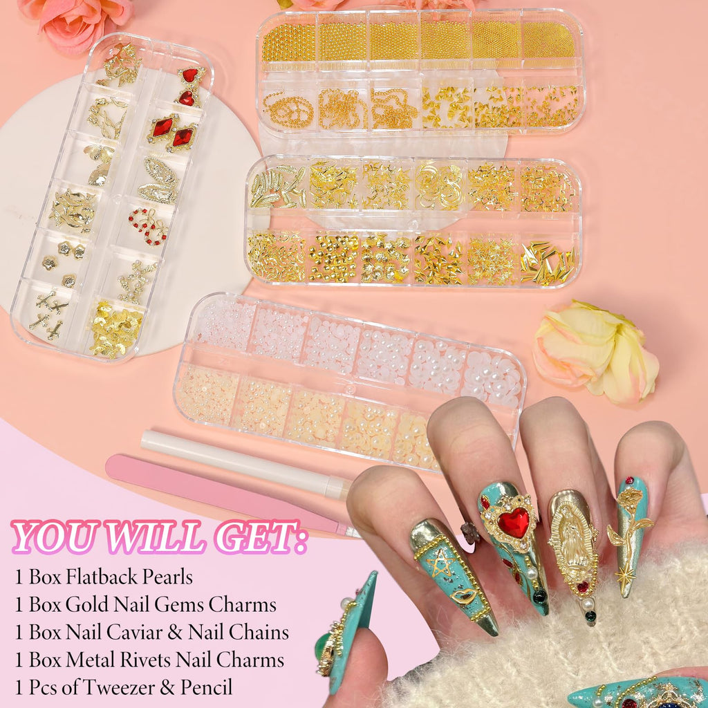 Bezztito 4 Boxes Gold Caviar & Pearl Nail Beads – Luxe Alloy Charms, Chains & Rivets for DIY Nail Art