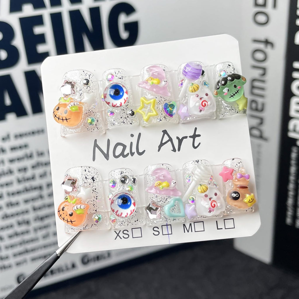 BHOOKA Halloween Press On Nails - Short Duck Size S with 3D Ghost & Pumpkin Designs