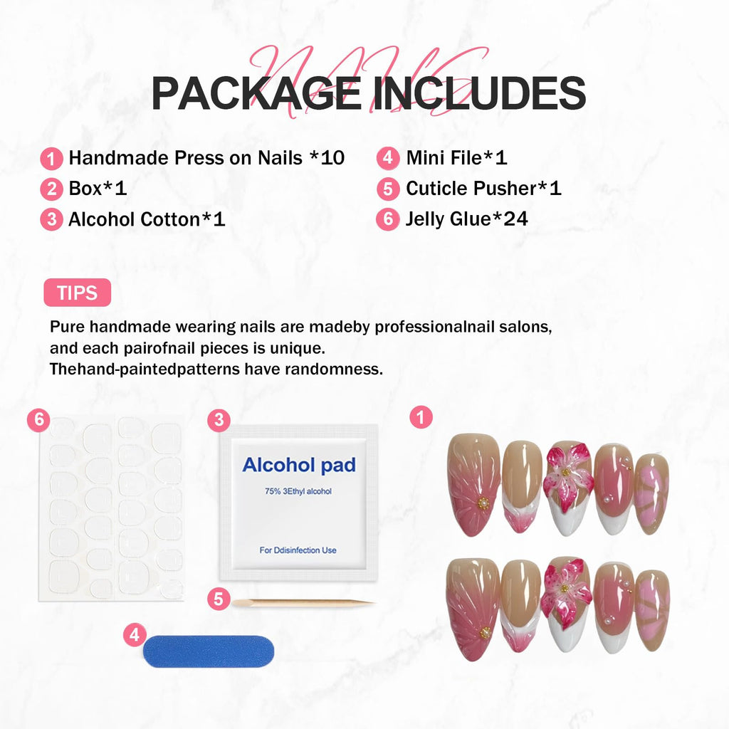 BHOOKA White French Tip Press-On Nails – 3D Flower & Pearl Design, Pink Gradient, Almond Shape