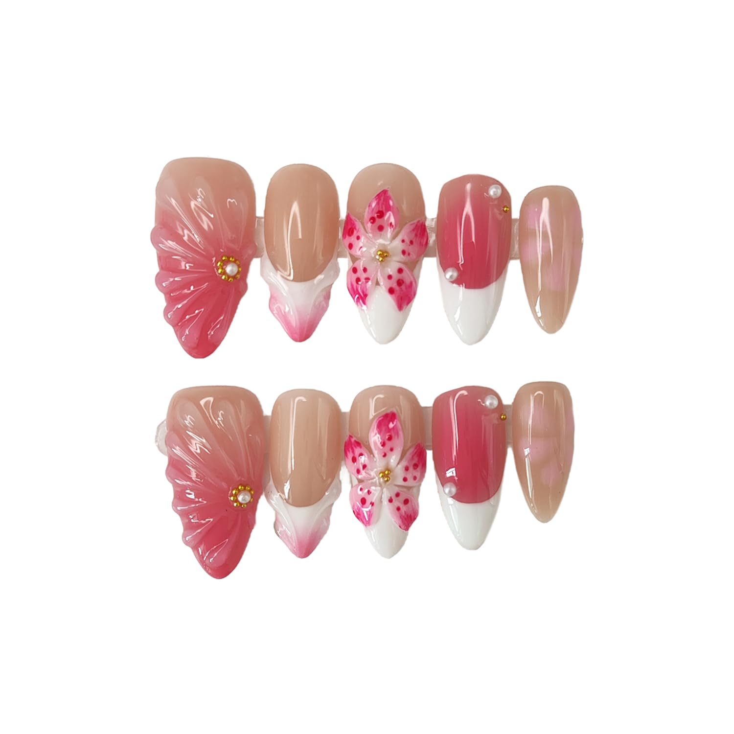 BHOOKA White French Tip Press-On Nails – 3D Flower & Pearl Design, Pink Gradient, Almond Shape