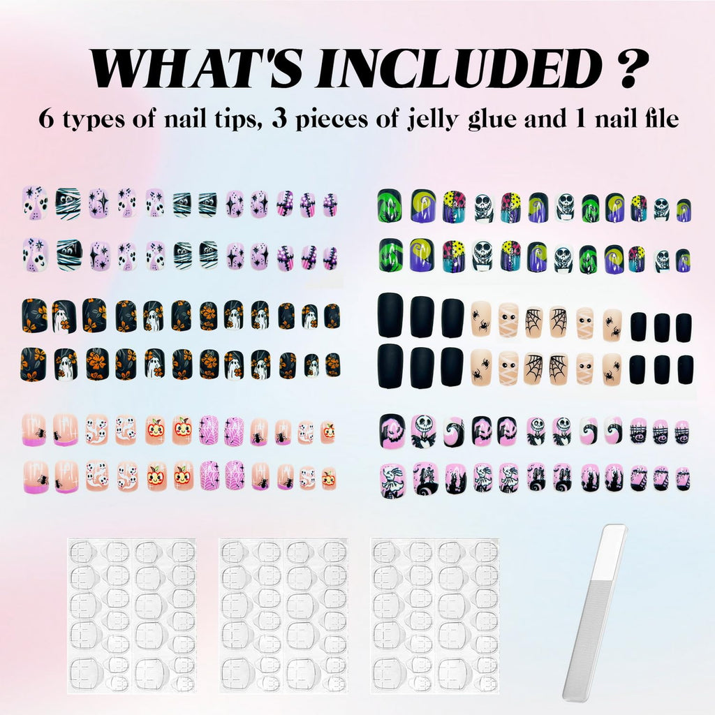 BHOOKA Halloween Press-On Nails Kit – 144 Short Square Full Cover Nails in 6 Styles