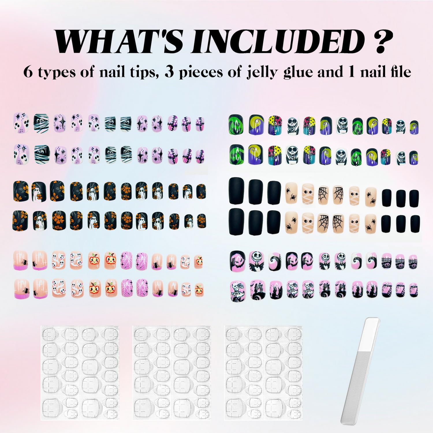 BHOOKA Halloween Press-On Nails Kit – 144 Short Square Full Cover Nails in 6 Styles