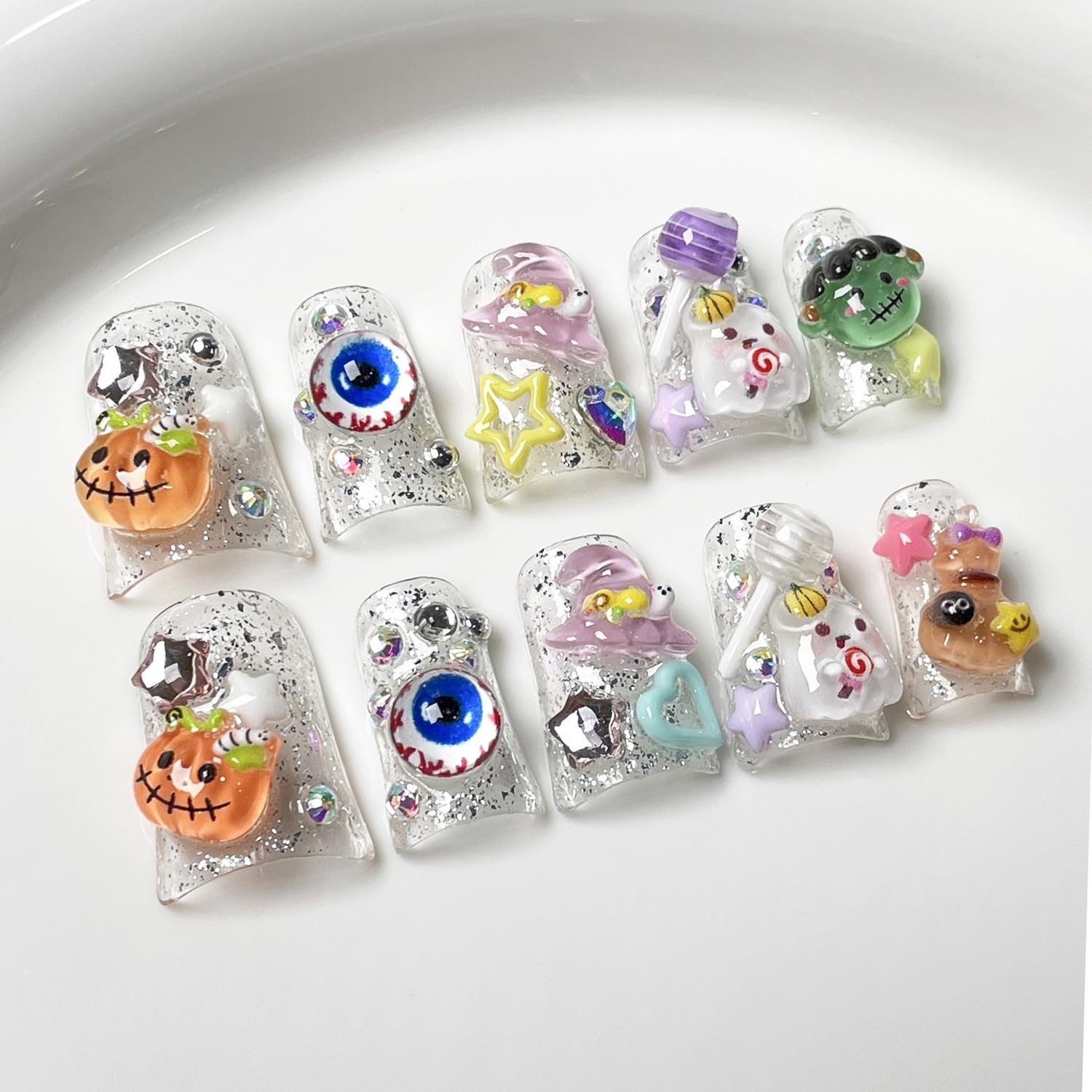 BHOOKA Halloween Press On Nails - Short Duck Size S with 3D Ghost & Pumpkin Designs