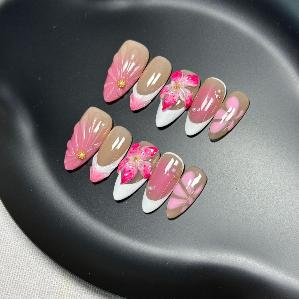 BHOOKA White French Tip Press-On Nails – 3D Flower & Pearl Design, Pink Gradient, Almond Shape