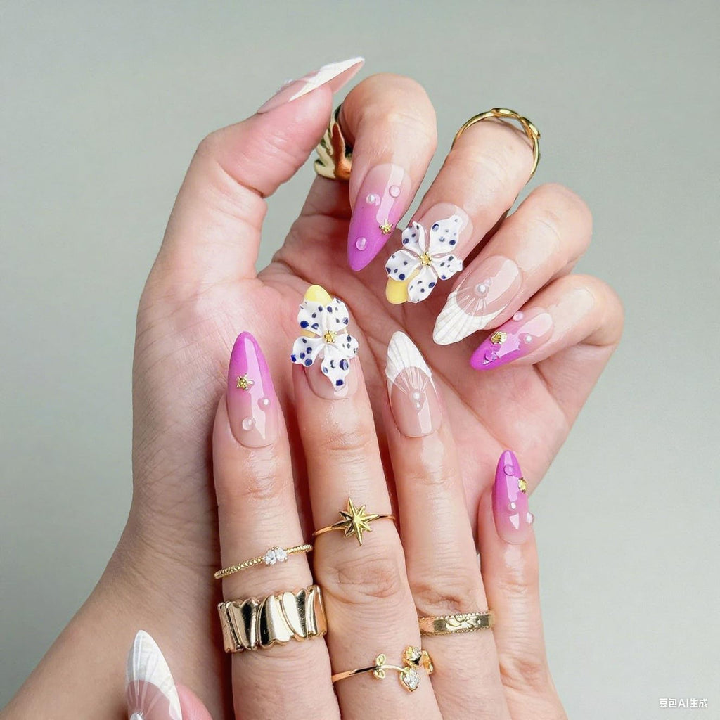 BHOOKA Flower Press on Nails - Purple Gradient, 3D White Flower & Pearl, French Tip, Medium Almond (Size S)