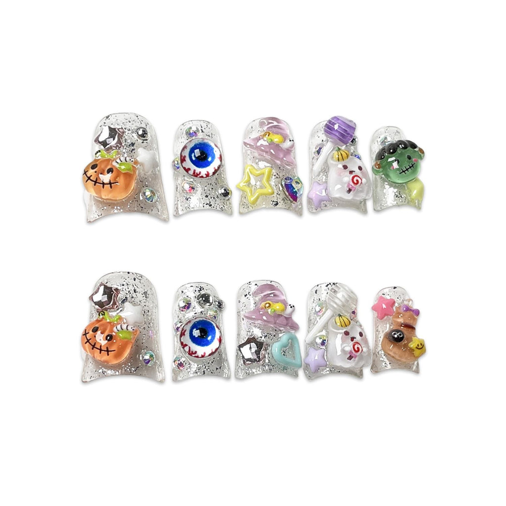 BHOOKA Halloween Press On Nails - Short Duck Size S with 3D Ghost & Pumpkin Designs