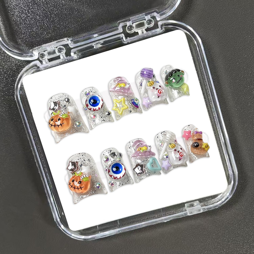 BHOOKA Halloween Press On Nails - Short Duck Size S with 3D Ghost & Pumpkin Designs