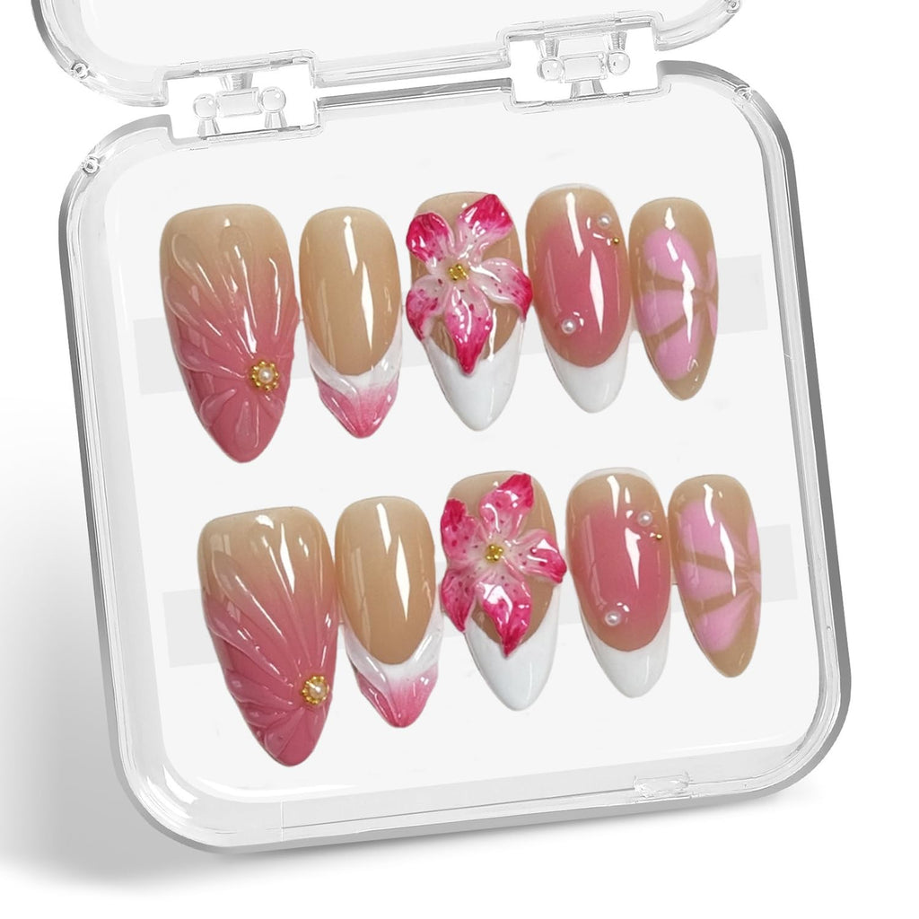 BHOOKA White French Tip Press-On Nails – 3D Flower & Pearl Design, Pink Gradient, Almond Shape