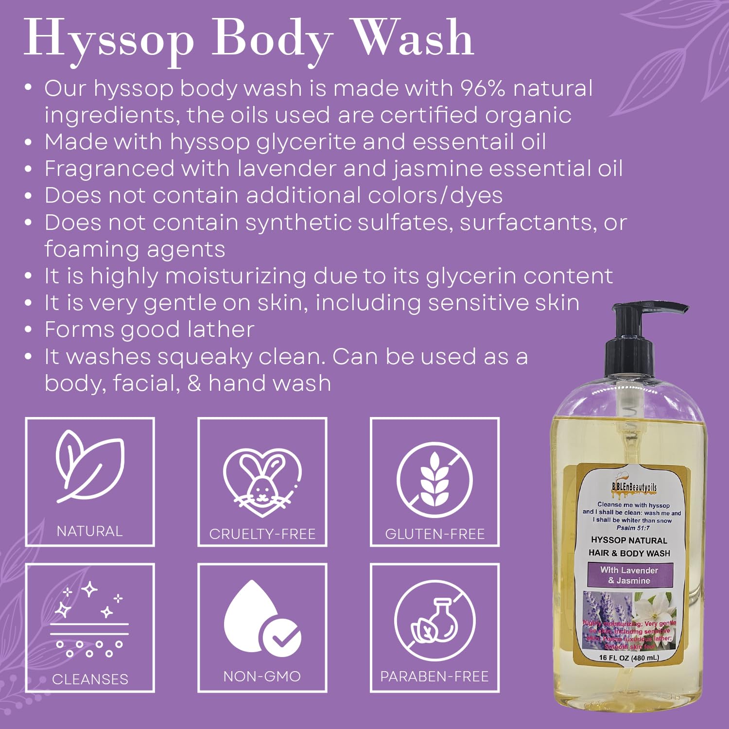 BIBLE N Beautyoils Cleanse Me With Hyssop: Organic Hyssop Infused Hair & Body Wash