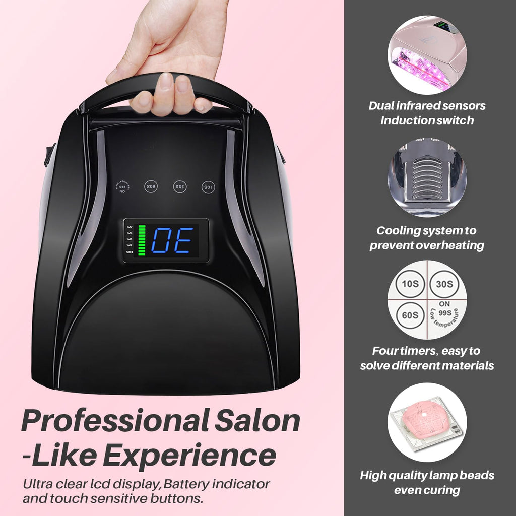 BIDUO 52 LEDs Cordless UV Nail Lamp – 96W, Auto Sensor, 4 Timers