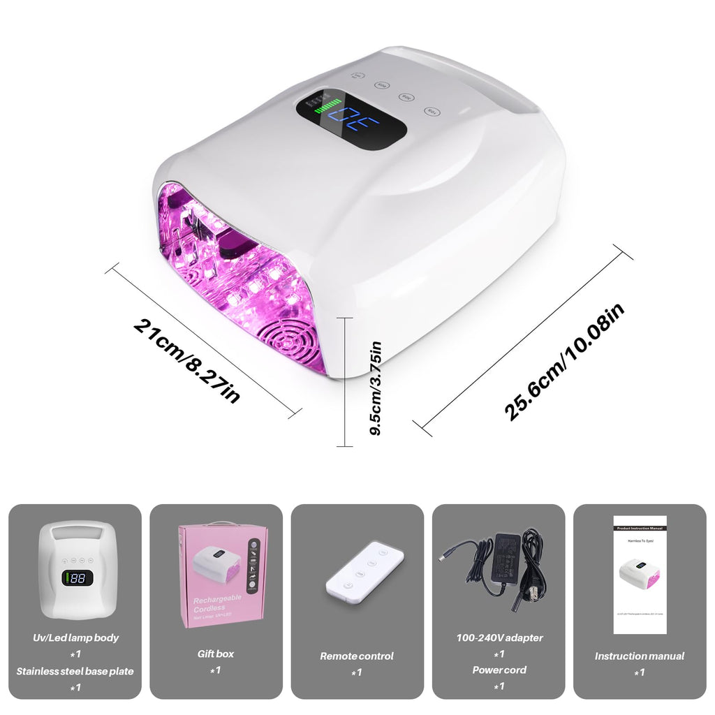 BIDUO Y8-Pro Cordless UV Nail Lamp – 96W, 28,800mAh Battery, 52 LEDs, Remote, Magnetic Base