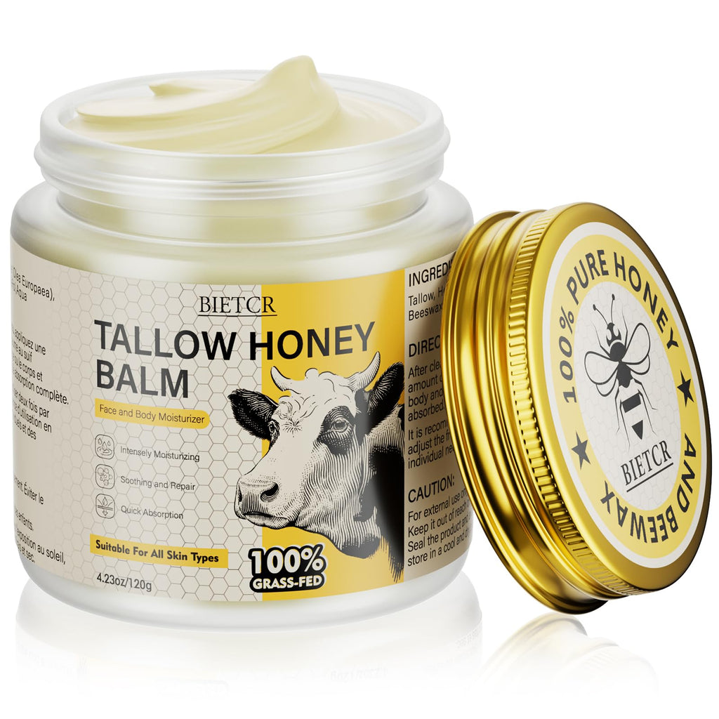 BIETCR Beef Tallow Skincare | Unscented Whipped Tallow Honey Balm, 4.23 oz