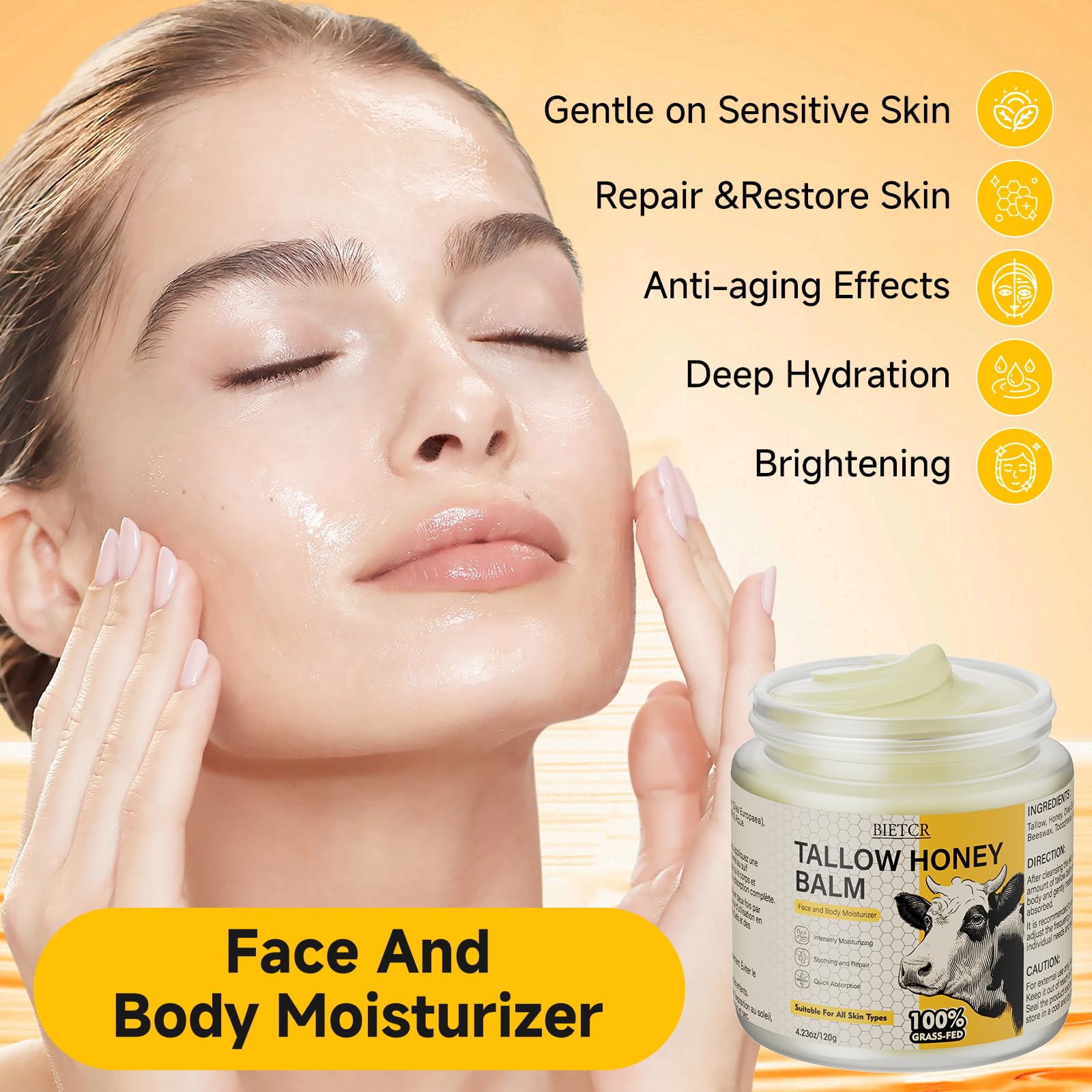 BIETCR Beef Tallow Skincare | Unscented Whipped Tallow Honey Balm, 4.23 oz