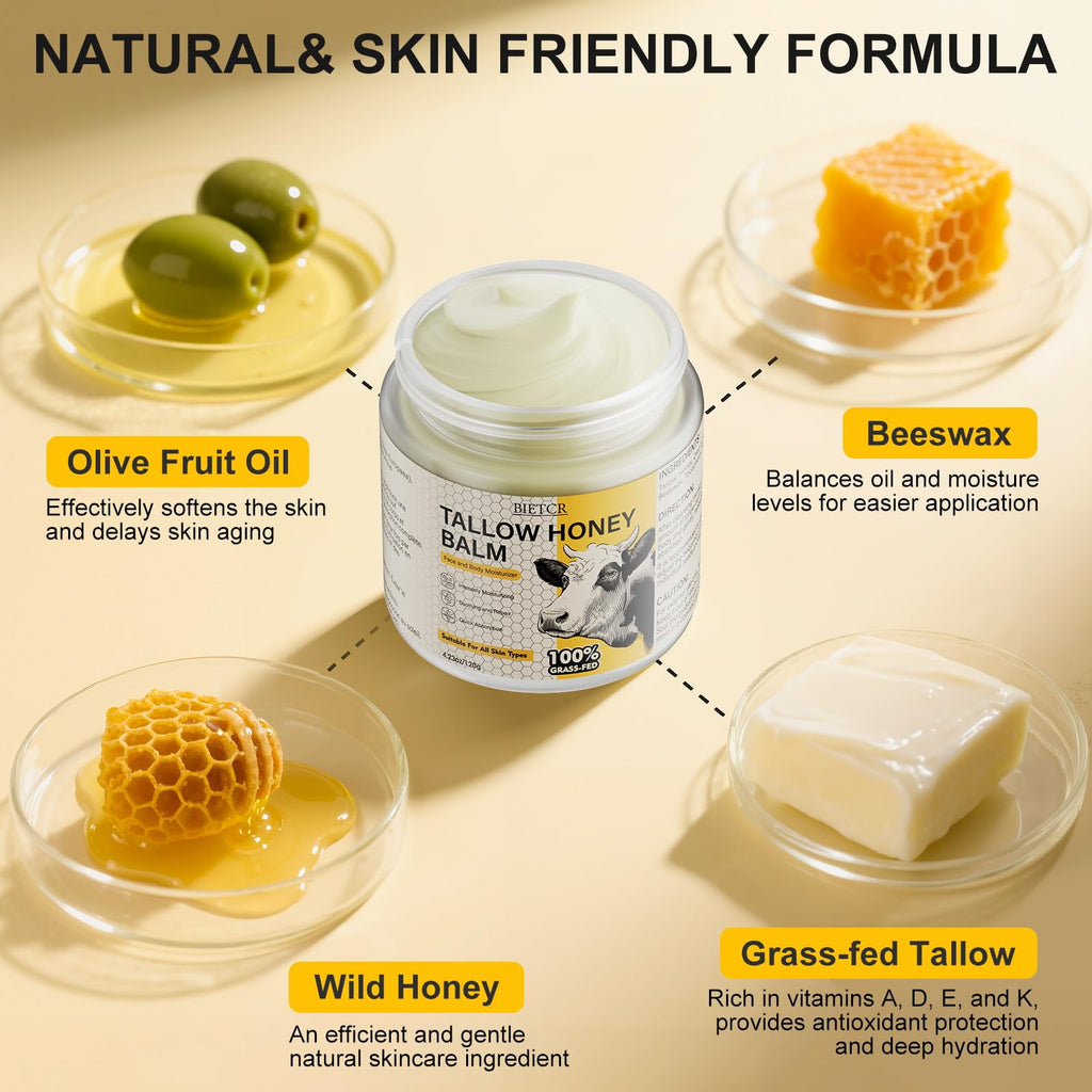BIETCR Beef Tallow Skincare | Unscented Whipped Tallow Honey Balm, 4.23 oz