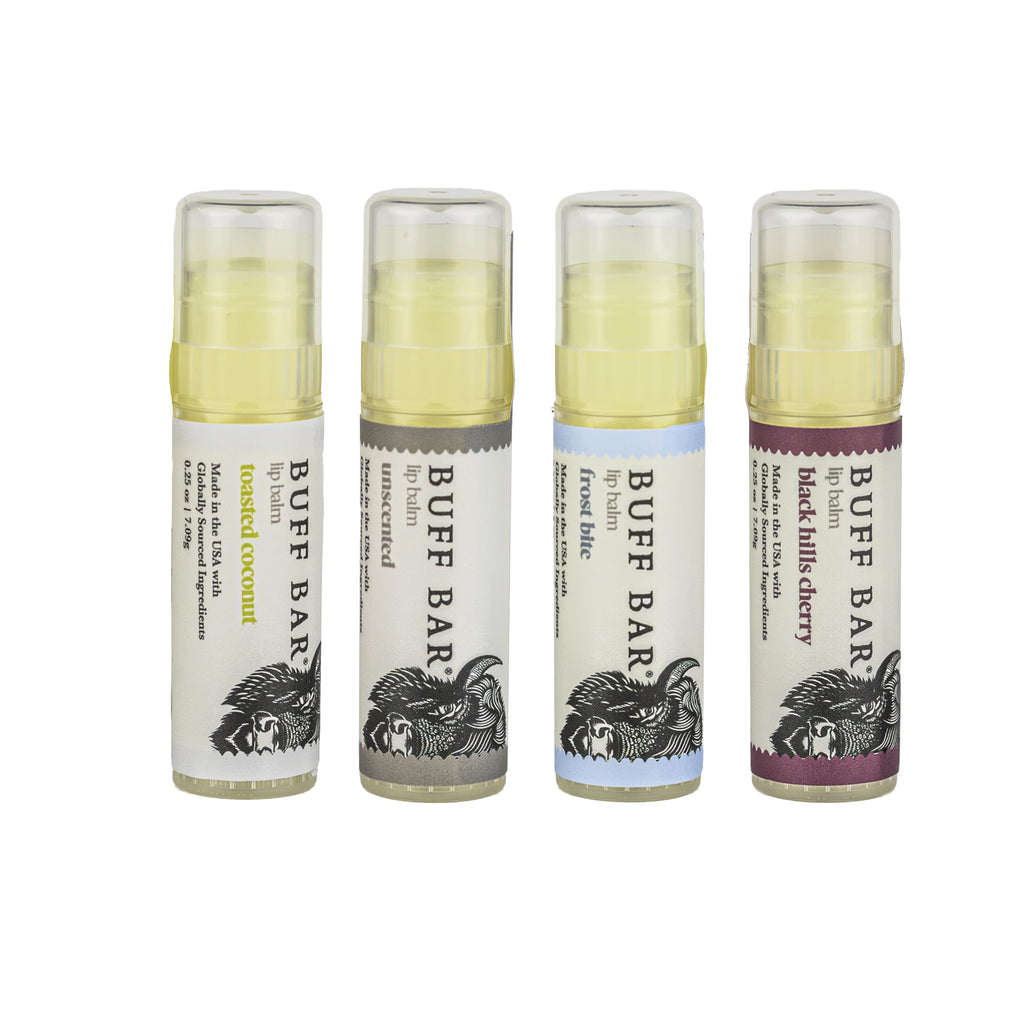 BUFF BAR Bison Tallow Lip Balm Variety Pack (4-Pack) – Frost Bite, Toasted Coconut, Black Hills Cherry & Unscented | Big Crazy Buffalo