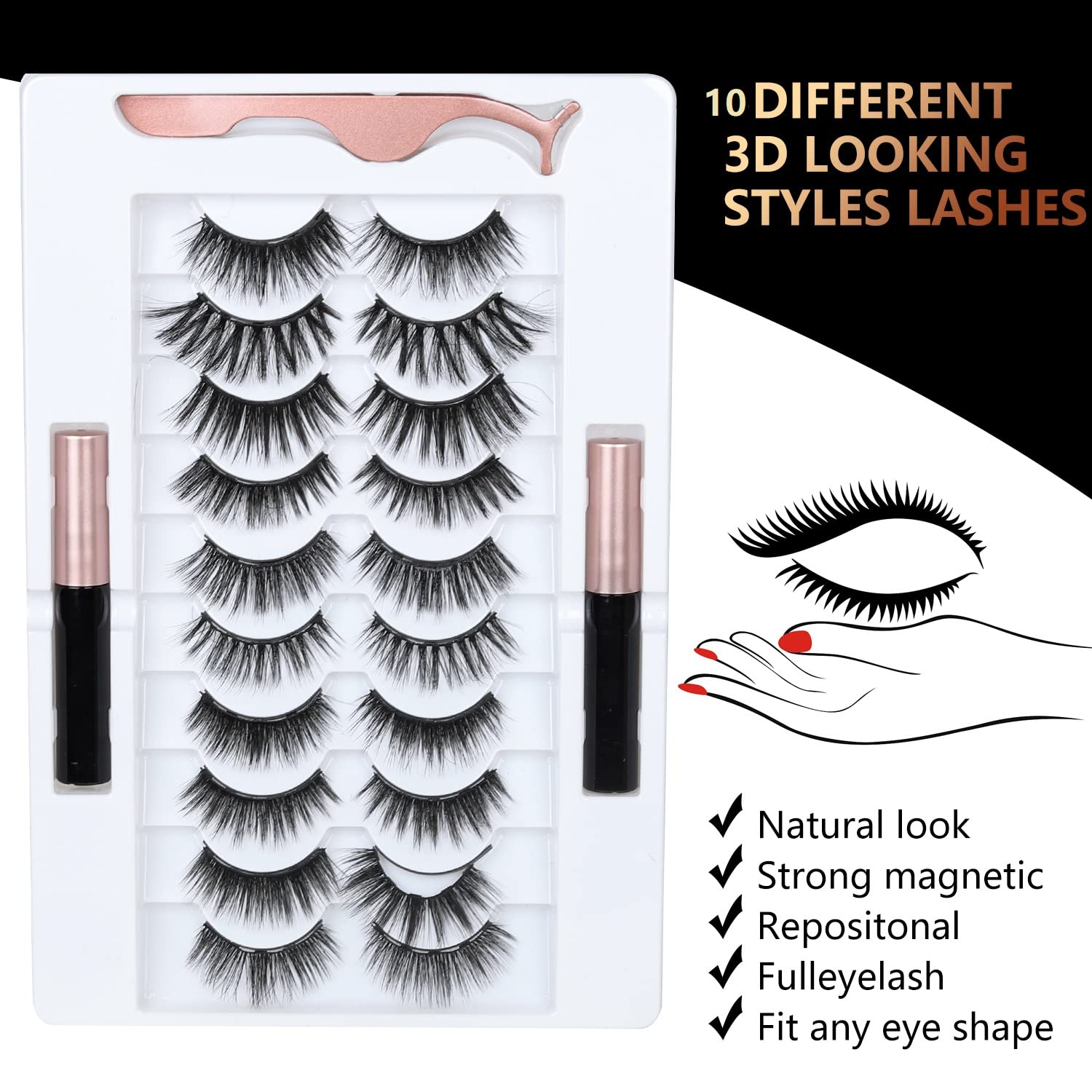 BILEYCHA Upgrade 3D Natural Magnetic Eyelashes Kit | 2 Magnetic Liners, No Glue