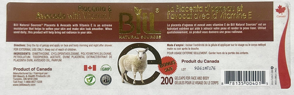 Bill Natural Sources Lamb Placenta & Avocado Facial Oil with Vitamin E – 200 Gelcaps