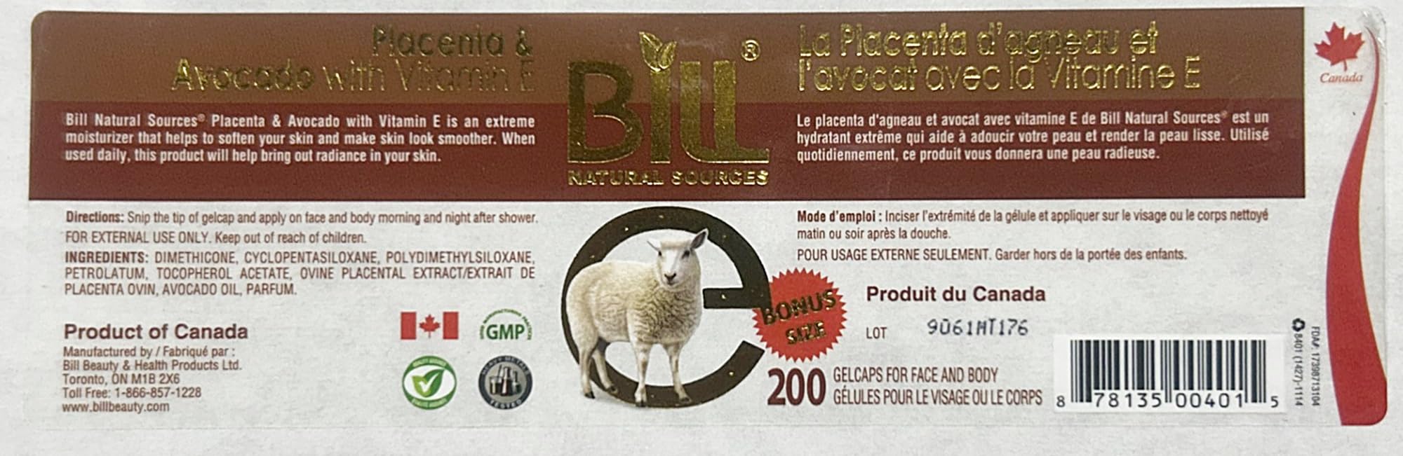 Bill Natural Sources Lamb Placenta & Avocado Facial Oil with Vitamin E – 200 Gelcaps